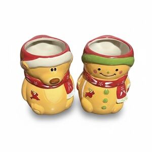Festive Ceramic Bear and Snowman Planters - Yellow and Red